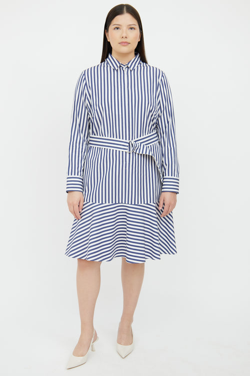 Akris Blue 
White Striped Belted Cotton Shirt Dress