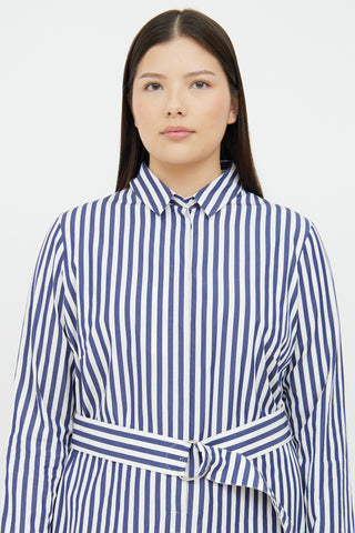 Akris Blue 
White Striped Belted Cotton Shirt Dress