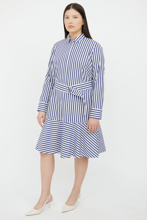 Akris Blue 
White Striped Belted Cotton Shirt Dress