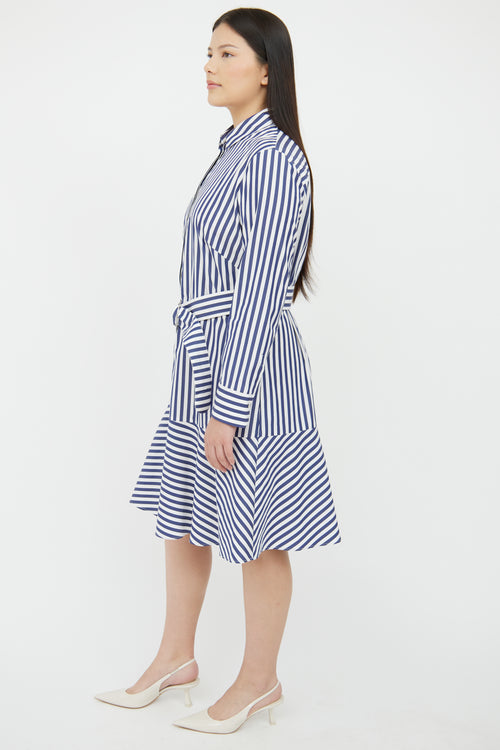 Akris Blue 
White Striped Belted Cotton Shirt Dress