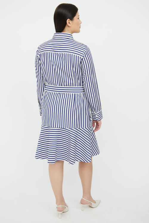 Akris Blue 
White Striped Belted Cotton Shirt Dress