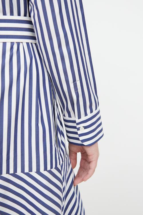 Akris Blue 
White Striped Belted Cotton Shirt Dress