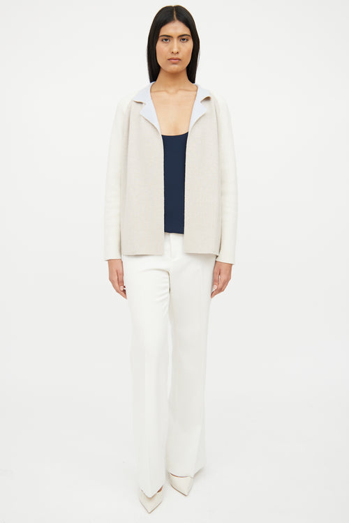 Akris Beige 
Blue Cashmere Reversible Knit Cardigan