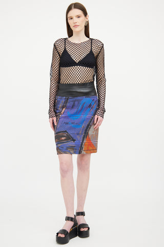 Akris Punto Blue 
Multi Printed Perforated Skirt