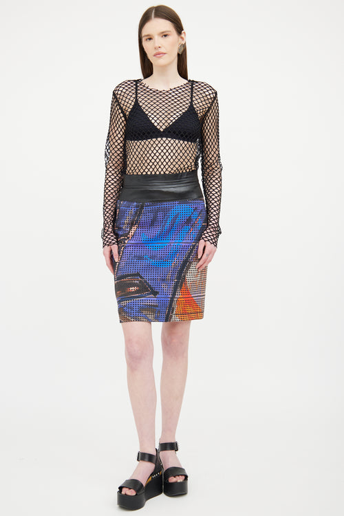 Akris Punto Blue 
Multi Printed Perforated Skirt