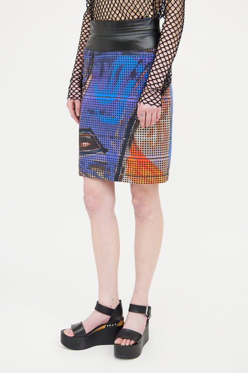 Akris Punto Blue 
Multi Printed Perforated Skirt