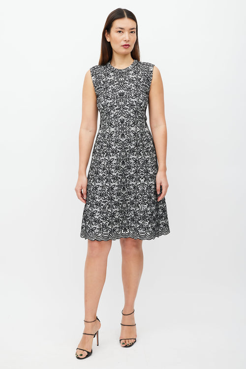 Alaïa Black 
White Floral Wool Dress