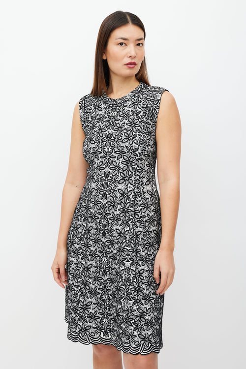 Alaïa Black 
White Floral Wool Dress