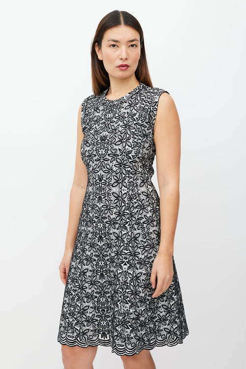 Alaïa Black 
White Floral Wool Dress