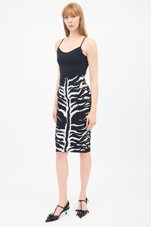 Alaïa Black 
White Printed Jacquard Cutout Pencil Skirt