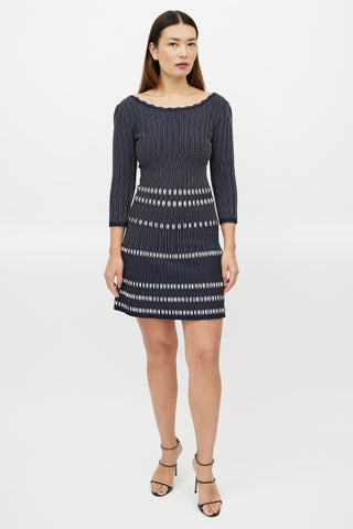 Alaia Blue White Textured Striped Dress