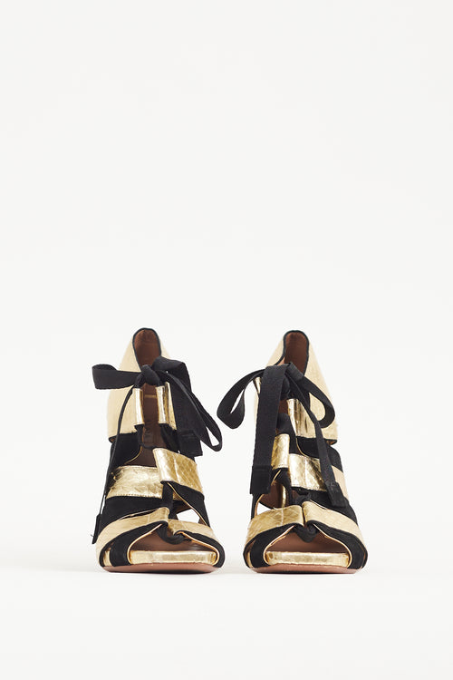 Alaïa Gold 
Black Textured Leather Lace Up Heel