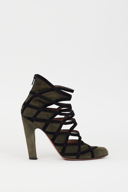 Alaïa Green 
Black Suede Latticed Bootie