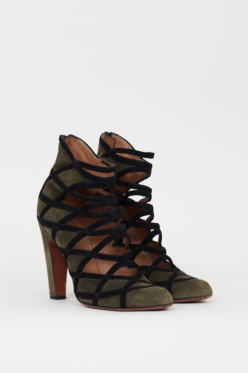 Alaïa Green 
Black Suede Latticed Bootie