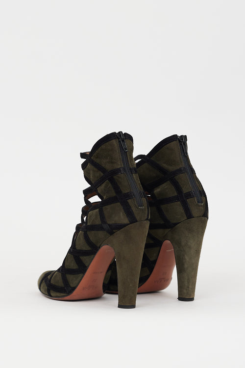 Alaïa Green 
Black Suede Latticed Bootie