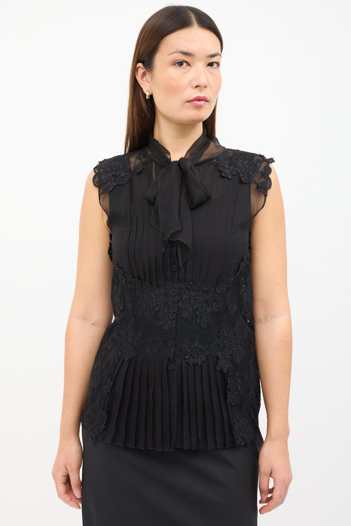 Alberta Ferretti Black Silk Sheer Lace 
Pleated Shirt