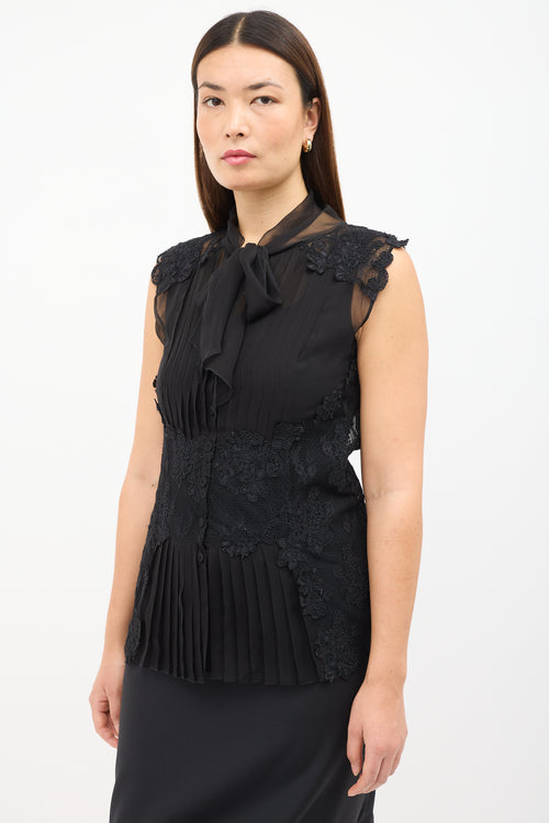 Alberta Ferretti Black Silk Sheer Lace 
Pleated Shirt