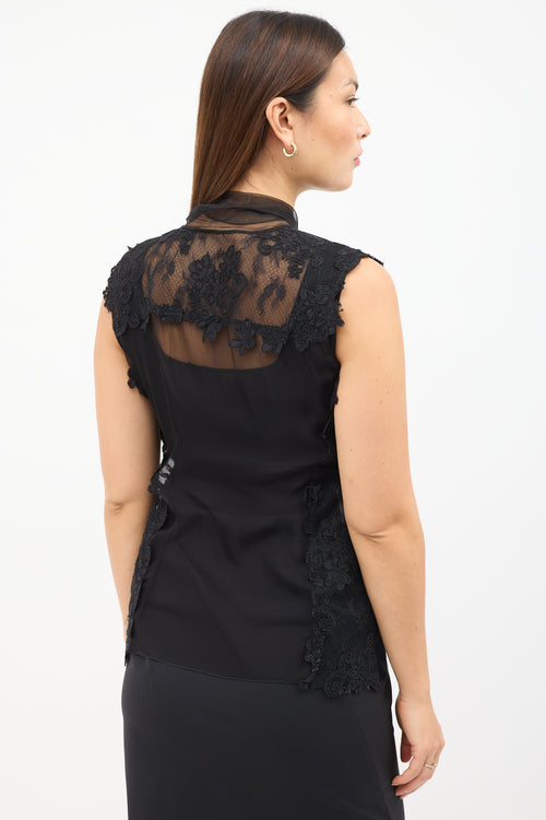 Alberta Ferretti Black Silk Sheer Lace 
Pleated Shirt