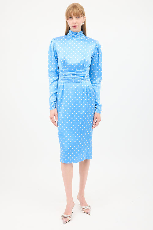 Alessandra Rich Blue 
White Silk Polka Dot Ruched Midi Dress