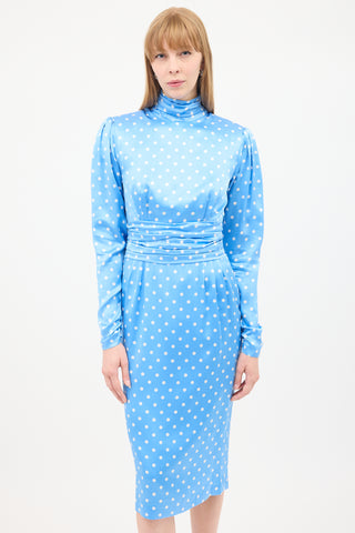 Alessandra Rich Blue 
White Silk Polka Dot Ruched Midi Dress