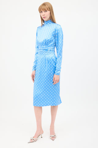 Alessandra Rich Blue 
White Silk Polka Dot Ruched Midi Dress