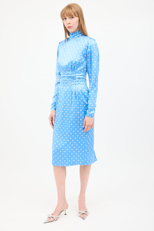 Alessandra Rich Blue 
White Silk Polka Dot Ruched Midi Dress