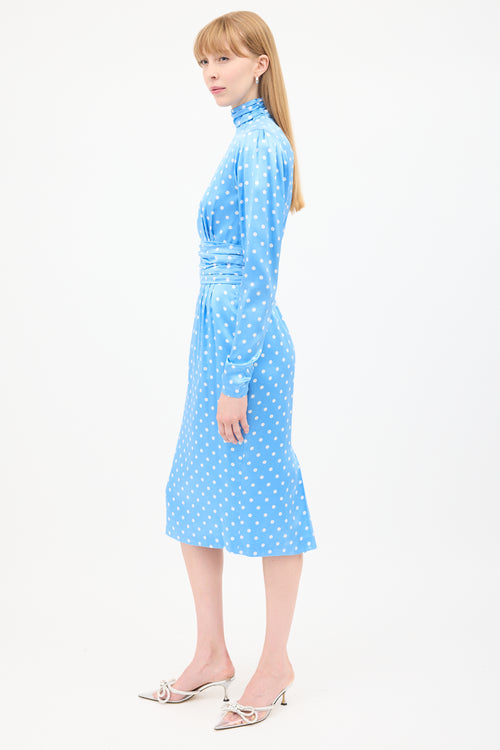 Alessandra Rich Blue 
White Silk Polka Dot Ruched Midi Dress