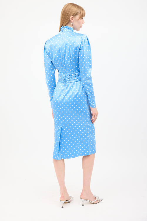 Alessandra Rich Blue 
White Silk Polka Dot Ruched Midi Dress