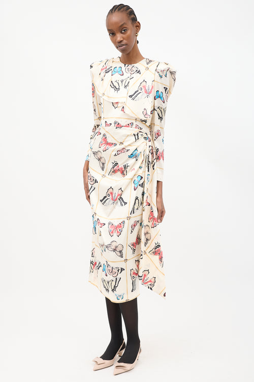 Alessandra Rich Cream 
Multicolour Silk Printed Drape Dress