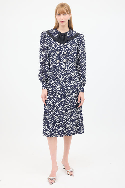 Alessandra Rich Navy 
White Floral Double Breasted Midi Dress