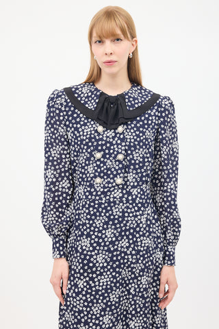 Alessandra Rich Navy 
White Floral Double Breasted Midi Dress