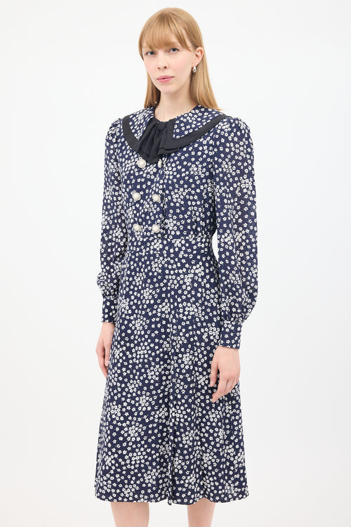 Alessandra Rich Navy 
White Floral Double Breasted Midi Dress