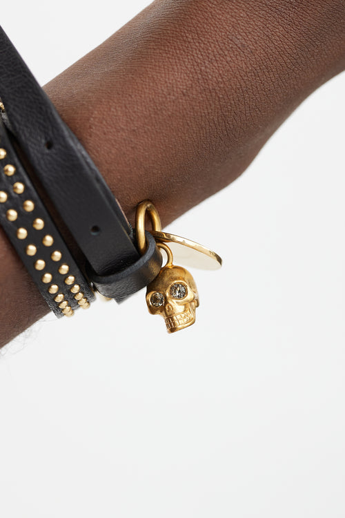 Alexander McQueen Black 
Gold Leather Skull Wrap Bracelet