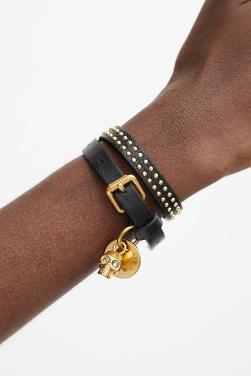 Alexander McQueen Black 
Gold Leather Skull Wrap Bracelet