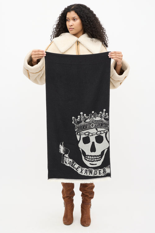 Alexander McQueen Black 
White Skull Intarsia Fringe Scarf