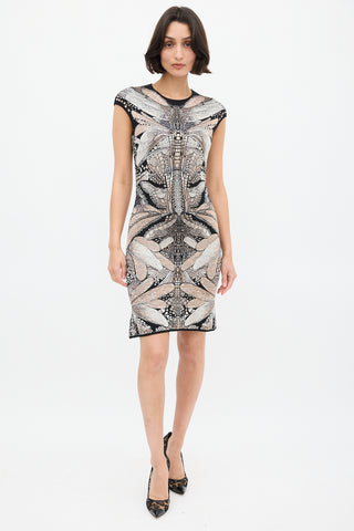 Alexander McQueen Black 
Multi Silk Print Knit Dress