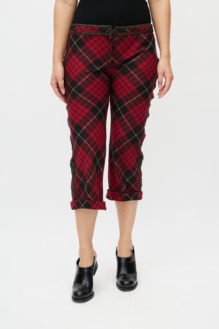 Alexander McQueen Black 
Red Plaid Zipper Cropped Trouser