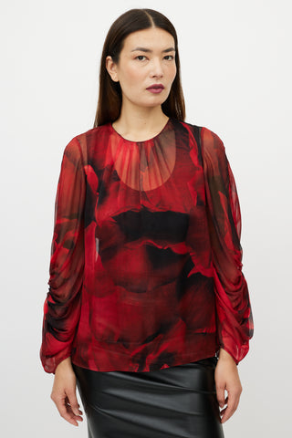 Alexander McQueen Black 
Red Silk Floral Top