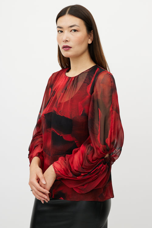 Alexander McQueen Black 
Red Silk Floral Top