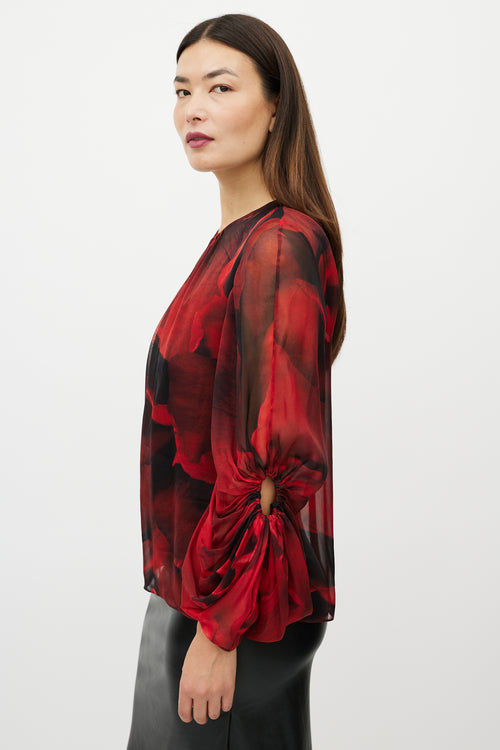 Alexander McQueen Black 
Red Silk Floral Top