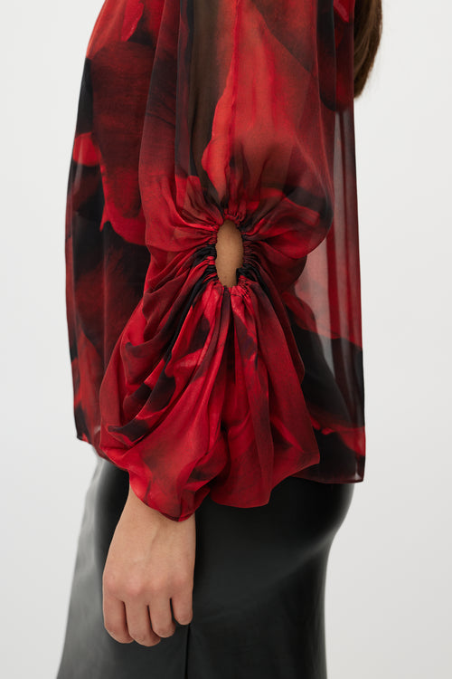 Alexander McQueen Black 
Red Silk Floral Top