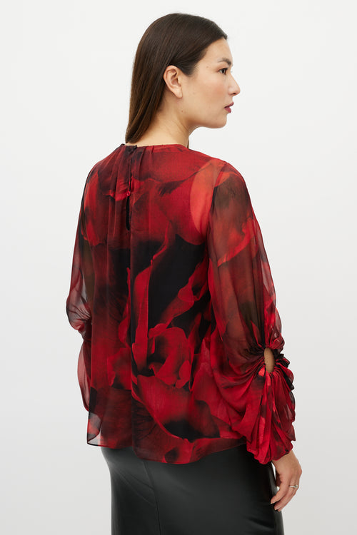 Alexander McQueen Black 
Red Silk Floral Top