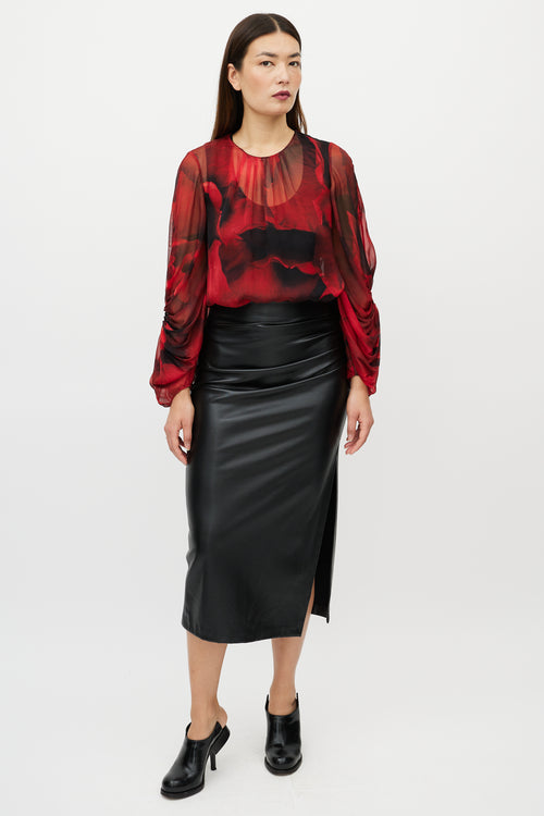 Alexander McQueen Black 
Red Silk Floral Top