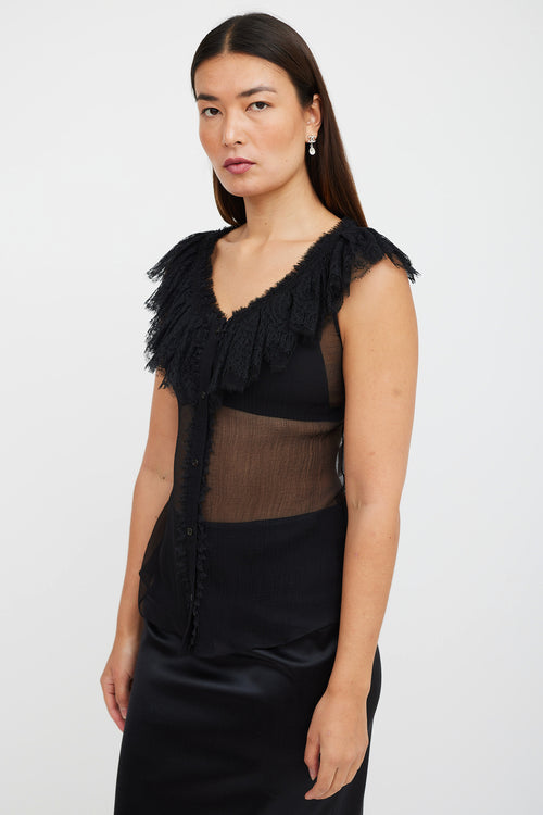 Alexander McQueen Black Silk Ruffled Lace Top