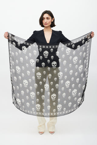 Alexander McQueen Black 
White Silk Skull Print Scarf