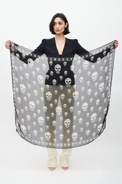 Alexander McQueen Black 
White Silk Skull Print Scarf