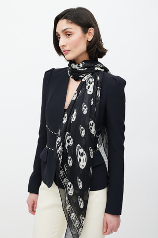 Alexander McQueen Black 
White Silk Skull Print Scarf