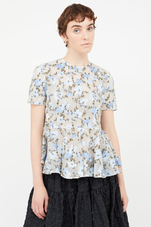 Alexander McQueen Blue Sheer Floral Peplum Blouse