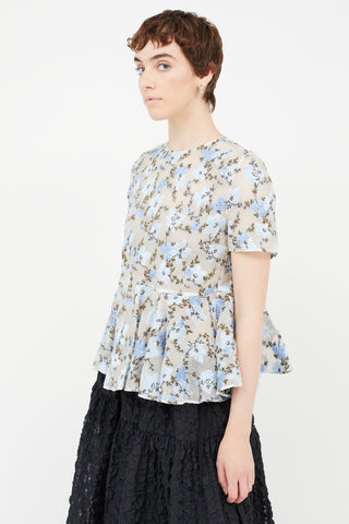 Alexander McQueen Blue Sheer Floral Peplum Blouse