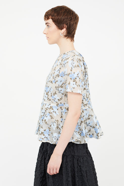 Alexander McQueen Blue Sheer Floral Peplum Blouse